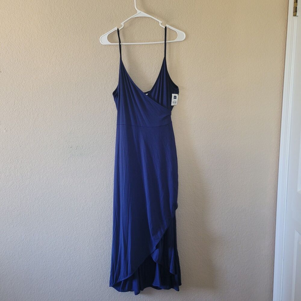 Gap True Wrap Midi Dress Medium Jersey Spaguetti Strap Cami V Neck Navy Blue Nwt